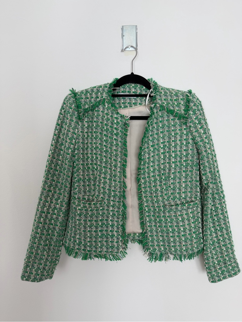 Mango Green Tweed Fringe-Trim Jacket